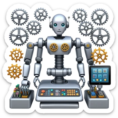 An icon featuring a humanoid robot assembling parts with robotic arms, surrounded by gears, circuit boards, and sensors, symbolizing robotics. The design includes a control panel and AI interface, representing automation, engineering, and innovation. Transparent background. sticker