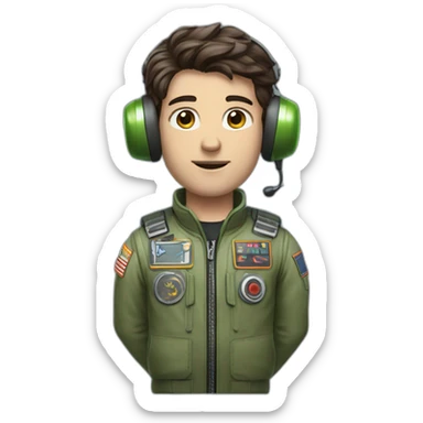 A young white male tennager with dark brown hair and brown eyes in a pilot suit and wearing a green Pilot headset sticker