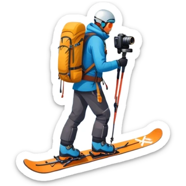  a snowy mountain peak in the landscape, with skis, a snowboard, an ice axe, a backpack and a camera. The icon should capture the adventure and exploration of mountain landscapes. Transparent background. sticker
