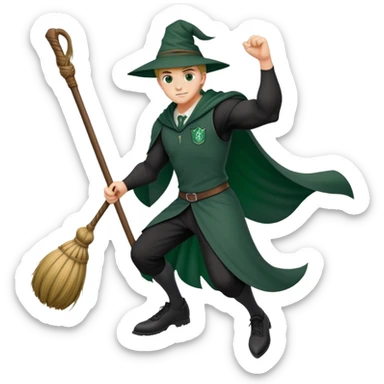 A muscular strong Slytherin student in final year riding a broomstick sticker