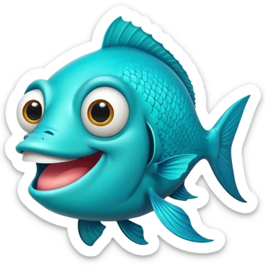 ultra stupid looking bright turquoise fish with dopey expression, huge silly grin with buck teeth, googly eye, perfect flat side profile facing right, exactly 90 degrees, one eye visible sticker