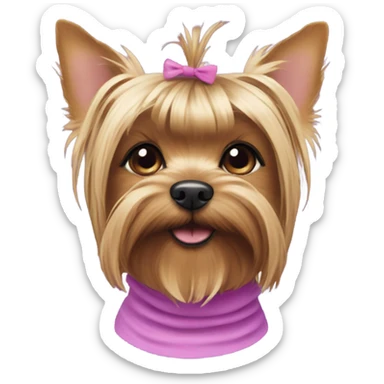 the face of a  Yorkshire Terrier  with a baby face with a ponytail on its head with a purple elastic band and pink short  sticker