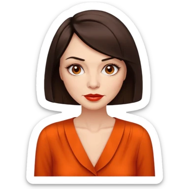 create an emoji of a woman. She has wrinkles, with a classic bob, dark brown hair, brown eyes, pale skin, red lips. she wears a an elegant orange blouse that shows some skin. sticker