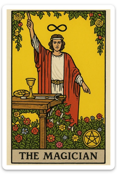 The Magician tarot card, Rider Waite Smith inspired, standing magician with one hand up, one hand down, infinity symbol above head, table with magical tools, garden of flowers, yellow background. sticker