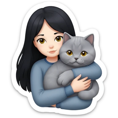 A girl with long black  hair tightly hugged a british shorthair sticker