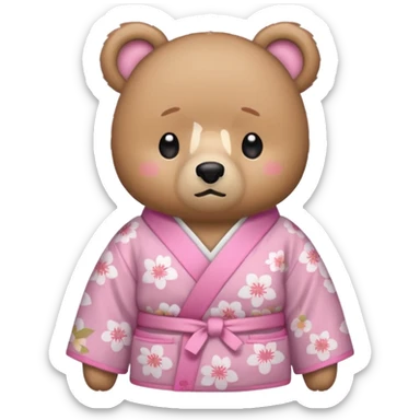 A cute light-brown bear wearing a pastel pink sakura-patterned kimono, normal balanced body ratio.  
Pulling out both empty pockets with a sad and embarrassed expression, small sigh lines.  
Kawaii emoji style, minimalistic clean sticker illustration, white background. sticker