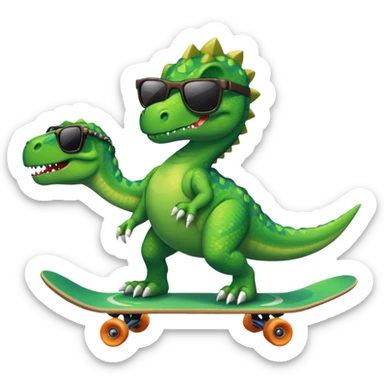 Green dinosaur on a skateboard with a chain and pixel sunglasses sticker