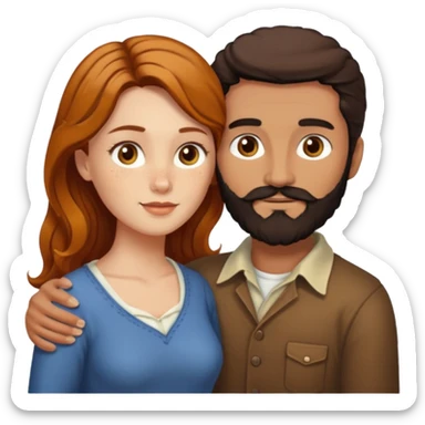 Couple. Bald man with dark brown-black beard. White woman with many small, faded freckles, she has white skin and she has auburn-yellow-brown-cinnamon, dark long hair. She has light brown eyes. The man have hazel eyes. Retro style. They hug. sticker