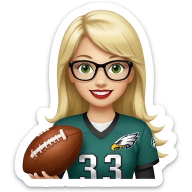full length women wearing eagles uniform, long blonde hair, bangs, green eyes, black glasses, holding football, number 33, smiling, lipstick sticker