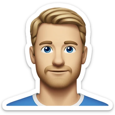 A head and shoulders shot of a 34 year old white man, with short brown hair, with stubble facial hair,   with blue eyes wearing a t-shirt. sticker