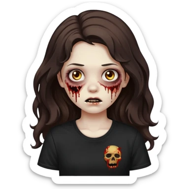 crie uma garota com ferimentos zoombie cabelo ondulado 2c longo castanho escuro e blusa básica preta sem nada  sticker