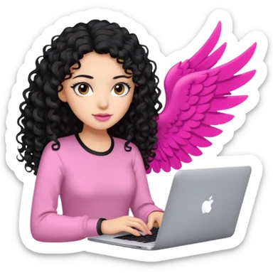 a girl typing mac book air with long black curly hair and brown eyes with winged black eyeliner, pink shirt sticker