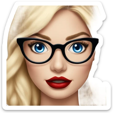 Real Margot Robbie, bright blue eyes and winged eye liner, red kisses, wearing black glasses  sticker