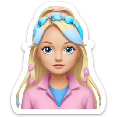 Emma Bunton blue eyes, long blonde ponytail hair, light pink outfit sticker