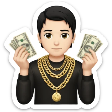 Has un chico con mucha plata en sus manos y en su alrededor, Con una chain que diga "JovenBallin" y que tenga pelo negro y sea piel blanca sticker