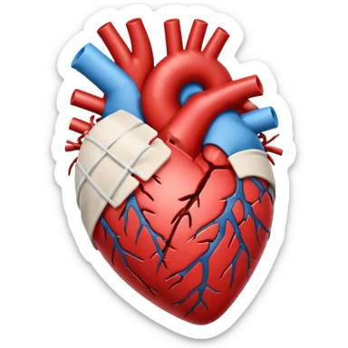 Un corazón humano roto con grietas  sangrando y expulsando sangre rodeado de vendas y tiritas que se despegan sin hacer efecto sticker