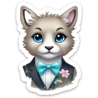 Anthro Cute Cool Kawaii gorgeous sparkly ethereal fantasy animal creature with blue eyes furry sona with flowers and bow tie beautiful aesthetic sticker