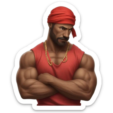 muscular man in red bandana standing sideways turns his head to face the viewer,his hand is bent in the elbow,torso sticker