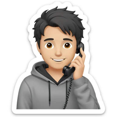 a white man with black messy, grey hoodie taking a call, happy sticker