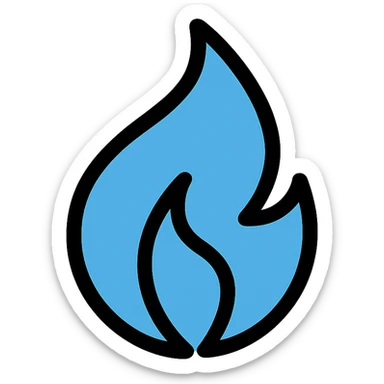 blue abstract flame shape, bold black outline, geometric style sticker