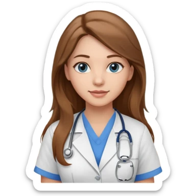 university classroom that says nursing school on the blackboard with a pretty female nursing student with long brown hair, blue eyes sticker