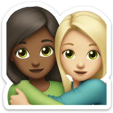 Two girls with dark brown hair and green eyes, and one girl with blonde and blue eyes, they hug  sticker