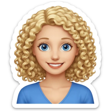 Woman with blonde curly shoulder-length hair, big blue eyes, wide smile sticker