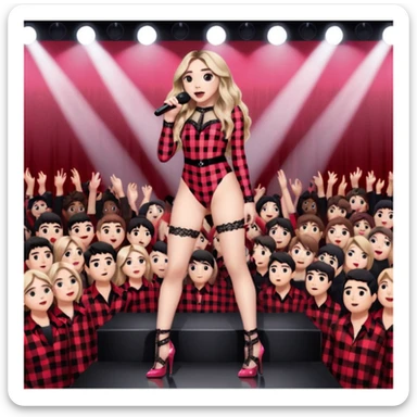 Sabrina carpenter singing at concert wearing a black and red plaid bodysuit a red sheer top covering the bodysuit, a strip of black lace around her leg, black sparkle heels. there is a  huge crowd and light pink stage setting  sticker