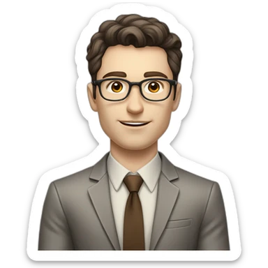 Pale skinned fit man with dark brown hair in gray jacket, beige office shirt, brown tie, brown pants and vintage glasses Writing on the flipchart sticker