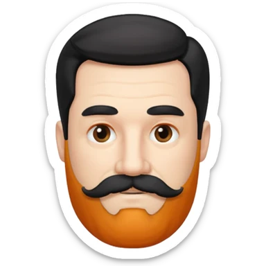 50 yr old white man, pale skin black hair with some grey highlights, side swept part, groomed moustache and beard sticker