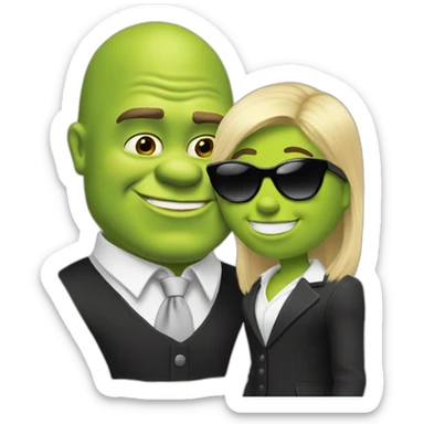 shrek kissing with white-guy-wearing-suit-with-blonde-hair-and-black-sunglasses-standing-with-black-shoes sticker