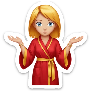 lightly tanned skin, blue eyes, cute and sexy girl with bright yellow-brown hair in a few shades of red robe, golden rings, slight cute makeup, full body, slightly turned aside pose, hands hidden behind back sticker