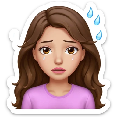 girl with wavy long brown hair, brown eyes, light to medium complexion, long lashes, light pink lipstick, wearing light pink shirt, weeping lots of big tears sticker