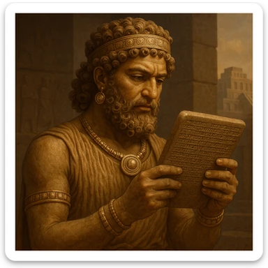 Curly-haired Sumerian god intently reading a stone tablet, adorned in ancient jewelry, Mesopotamian setting, dignified expression sticker