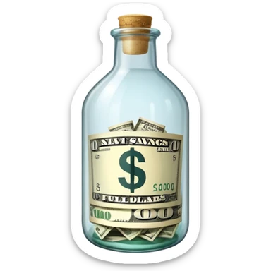 a big bottle glass labeled "savings" that contains dollars inside sticker