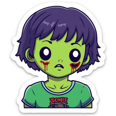 zombie girl with short wavy hair and black bangs, greenish skin sticker
