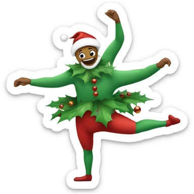 A cartoon Christmas wreath with long arms and legs is smiling as it dances ballet in the snow sticker