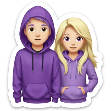 full-length happy couple, girl with long purple hair and gray eyes in lilac hoodie, boy with blonde hair in black hoodie sticker
