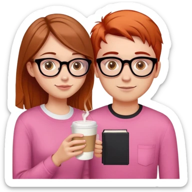 girl with brown hair and hazel eyes drinking latte, hair just below shoulder length and wearing a pink shirt. She is with her with her boyfriend who has orange/red hair, black glasses, and is taller than her. He needs a book in his hand  sticker