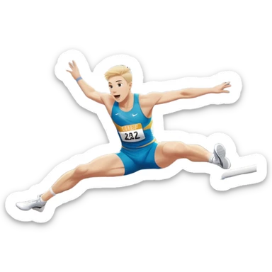 An icon of an white-skined athlete soaring over a hurdle, mid-jump, with a powerful form. The background features a vibrant stadium, with the track and hurdles in sharp focus, and a cheering crowd along the stands. The motion of the jump emphasizes speed and agility. Transparent background. sticker