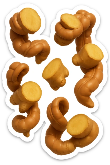 emoji stile iphone 3d di piccoli pezzi di zenzero che fluttuano in aria con pezzi di colon arrotolati intorno, iperrealistico 4k sticker