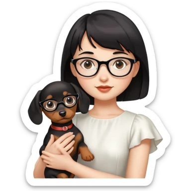 A girl with short black hair and bangs, wearing glasses and white dress, golding a dachshund puppy sticker
