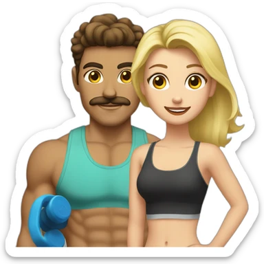 A guy with brown hair and a mustache going to the gym with a blonde girl sticker