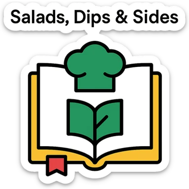 Add the title 'Salads, Dips & Sides' in a clean, modern font above the green elegant logo with a chef hat and open book on the cookbook background. Ensure the text is readable and harmonious with the design in the color outline style. sticker