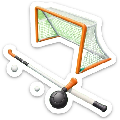 field hockey stick and ball on vibrant green grass field with goalposts sticker