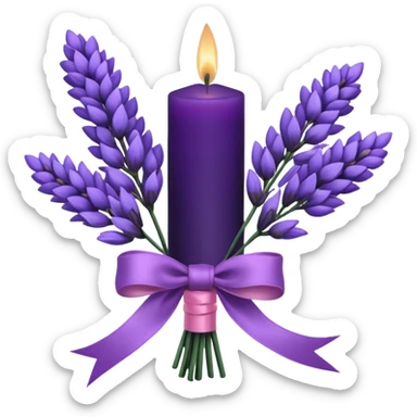 a beautiful aesthetic bouquet of dark purple and light pink lavender tied with a silk purple ribbon and next to it a pink decorative candle  sticker