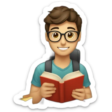 joven estudiante con  con un libro en sus manos y en su cabeza, junto a muchos libros y una lampara y un libro en su cabeza sticker