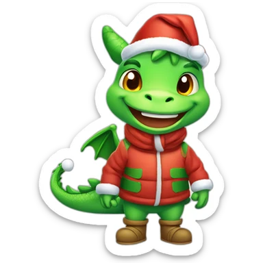 happy little green cartoon dragon of child, in winter, in work pants, in work clothes, in winter boots, in a Santa Claus hat, New Year sticker