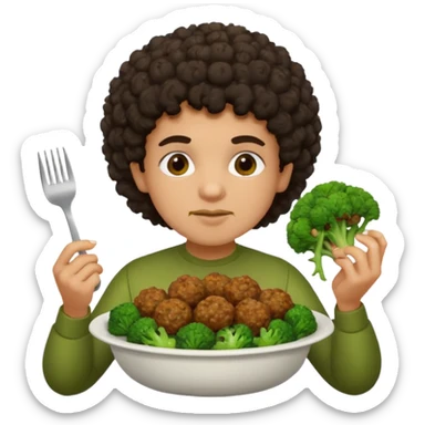 Grillo con capelli ricci scuri che mangia broccoli bolliti e polpette sticker
