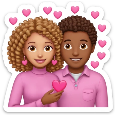 a black couple, woman light skin with curly hair and man brown skin with a nice smile with pink hearts around them cartoon emoji sticker